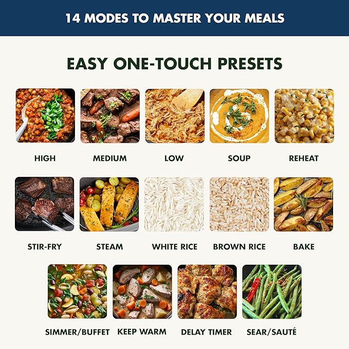 GreenPan Elite 14-in-1 Nonstick 6QT Electric Slow Cooker, PFAS-Free Ceramic Multi-Cooker, In-Pot Browning, Dishwasher Safe Lid & Removable Crock, Stainless Steel Steamer, Silicone Handles, Oxford Blue