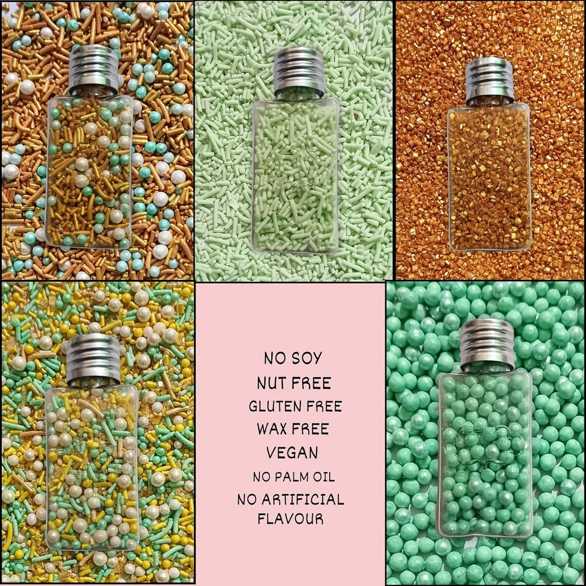 Confect Edible Sprinkles Mix Pack of 5 – Cool Summer Breeze Theme – Yellow Pearl Dragees, Mint Green & Gold Jimmies, Sparkling Gold Sugar – Cake & Cupcake Decorating Toppings - Vegan, Gluten-Free, Nut-Free, Soy-Free, Dairy-Free, Palm Oil-Free- 5 Oz