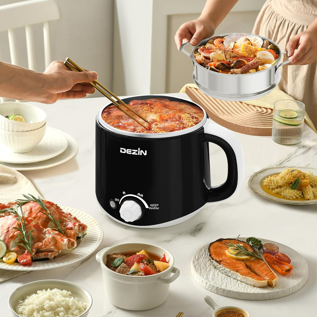 Dezin Hot Pot Electric with Steamer, Rapid Noodles Cooker, Stainless Steel Electric Pot 1.6 Liter, Perfect for Ramen, Egg, Dumpling, Soup, Oatmeal with Temperature Control and Keep Warm Function