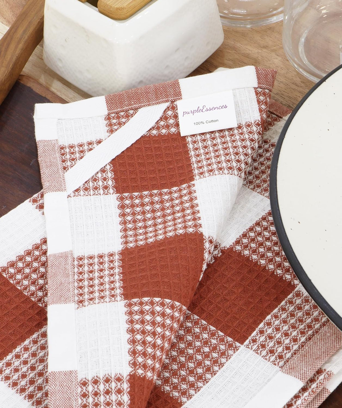 PurpleEssences Rust 100% Cotton Waffle Weave Check Plaid Kitchen Towels, Super Soft and Absorbent Dish Towels for Drying Dishes 15 x 25-4 Pack - Spring Summer - Rust and White