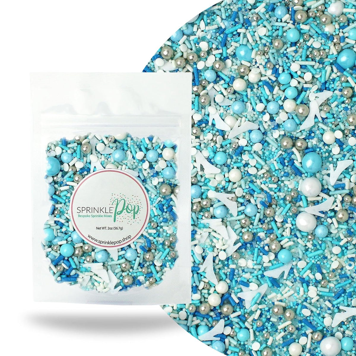 Sprinkle Pop Glass Slipper Princess Sprinkle Mix| Blue White Sprinkles with ~10 Frozen Shoe Wafer Paper and Silver Dragees| Girl Sprinkles Made in USA for Decorating Birthday Cupcakes Cake Donuts, 2oz