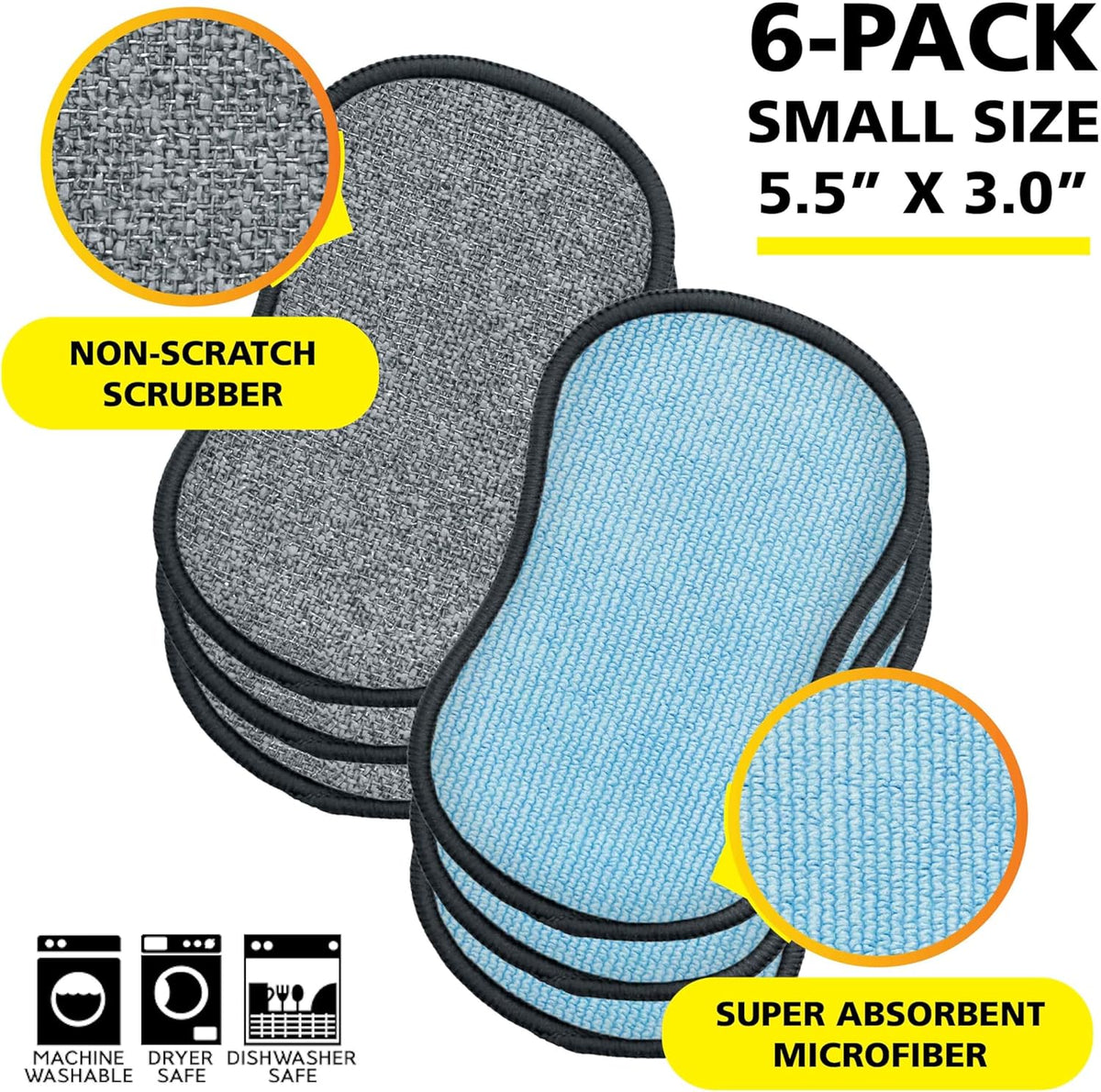 Original Scrub-N-Wipe Pad by Tuff-Scrub, 6-Pack, Microfiber, Multi-Surface, Non-Scratch, Dual-Sided, Scrubber for Dishes, Sinks, Non-Stick Cookware – Machine Washable, Durable Kitchen Sponge (Small)