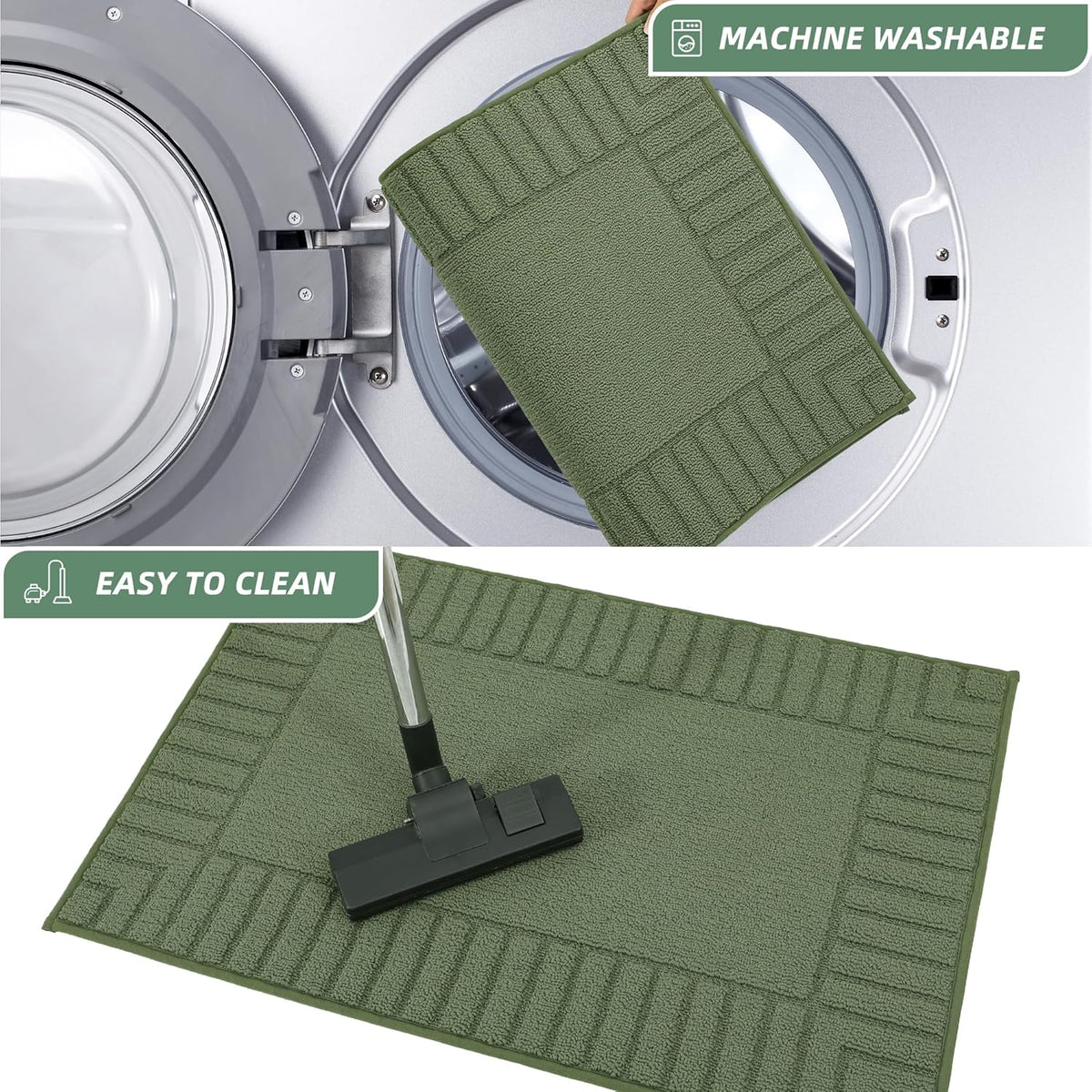BEQHAUSE-Kitchen-Rugs-Non Slip-Kitchen-Mats- for-Floor Machine Washable Kitchen Rugs 2 Pieces Kitchen Carpet Runner with TPR Backing,Green,20x30inch/20x48inch