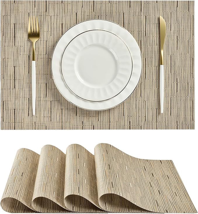 Leetaltree Light Brown Placemats Set of 4 - Heat Resistant Non-Slip Place mats for Dining Table, Washable Durable PVC Vinyl Woven Table Mats（Light Brown, 4）