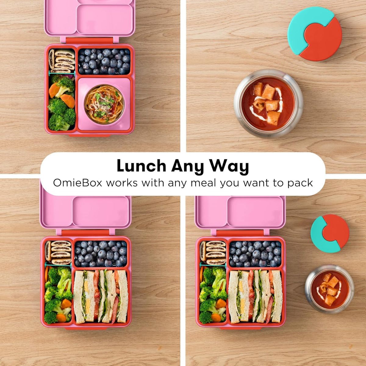 OmieBox Bento Box for Kids - Insulated Bento Lunch Box with Leak Proof Vacuum Insulated Food Jar - 3 Compartments, Two Temperature Zones (Pink Berry)