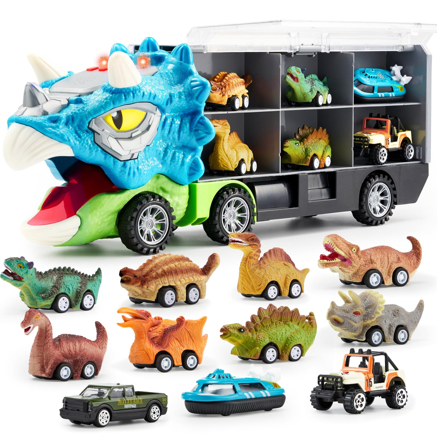 JOYIN 13 in 1 Dinosaur Toys for Kids 3-5, Triceraptor Dinosaur Truck with 12 Pull Back Cars, Birthday Gifts Toys for 3 4 5+ Year Old Boy, Transport Carrier Truck