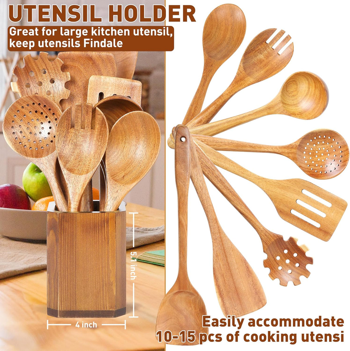 Kitchen Utensils Holder for Countertop: Wooden Utensil Crocks - Cooking Spoons Organizer