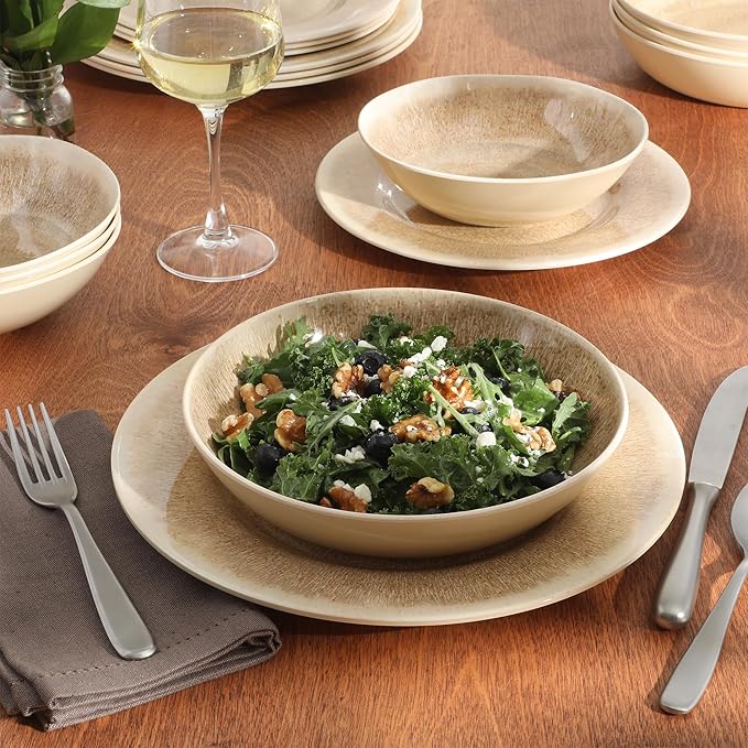 Gibson Home Casper Court 16-Piece Melamine Dinnerware Set – Beige Reactive Glaze Look Plates and Bowls, Service for 4 – Top Rack Dishwasher Safe Everyday Dining Set
