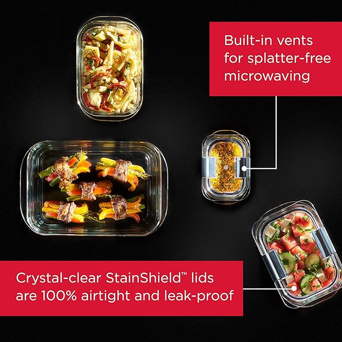 Rubbermaid Brilliance Glass Food Storage set of 4 containers 8 total pieces (4 containers + 4 lids) for Lunch Meal Prep and Leftovers Dishwasher and Oven Safe Clear/Grey