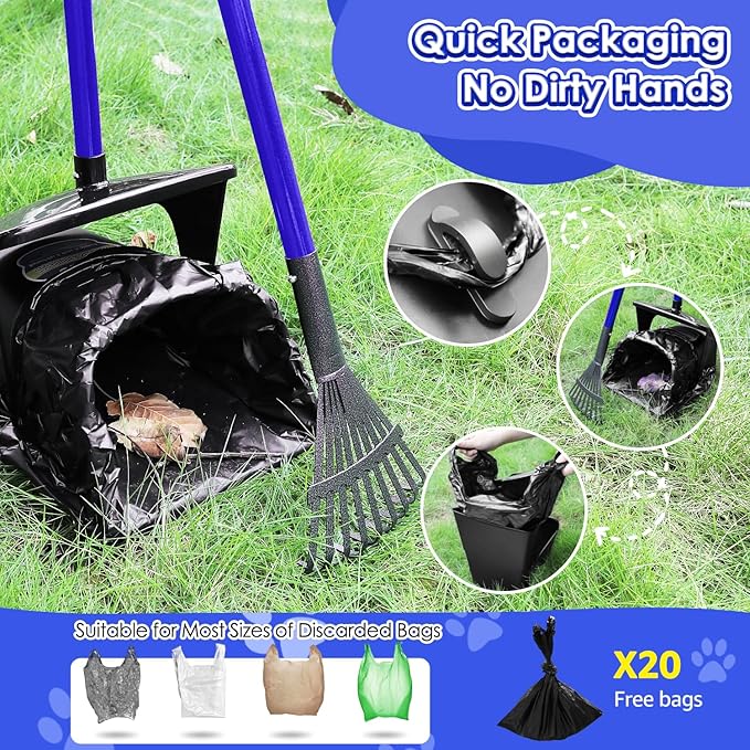 SlowTon Dog Pooper Scooper - 37.4" Long Handle Adjustable Metal Swivel Bin & Rake & Spade Kit with 20 Waste Bags, Portable Pooper Scooper for Gravel Lawn Grass, Suit for Small Medium Large Dog