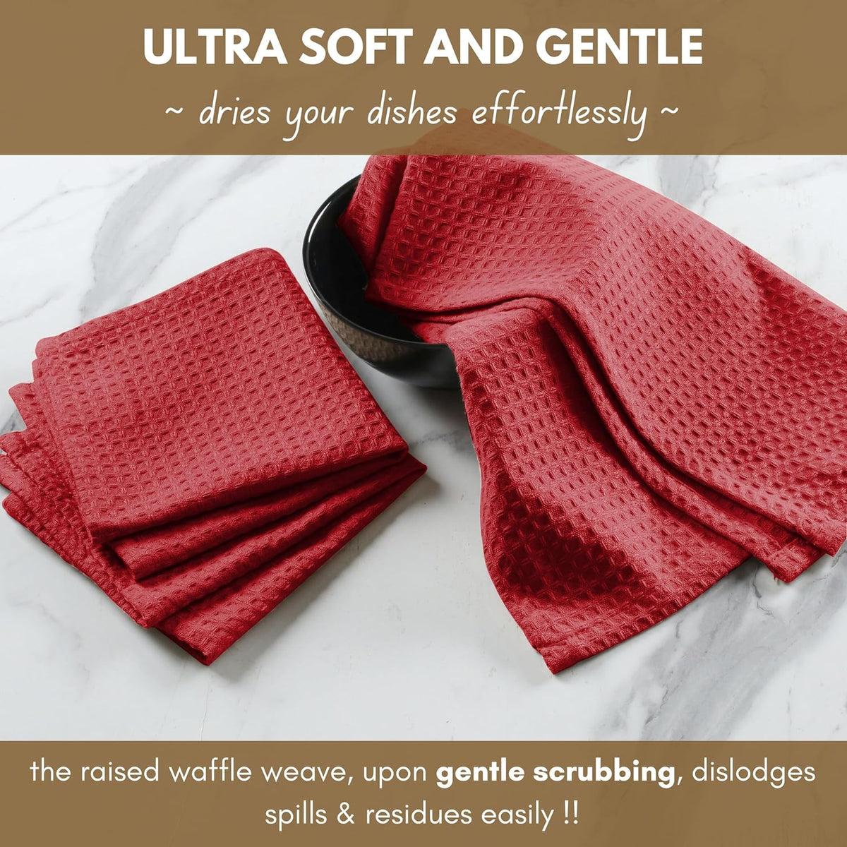 Native Fab Waffle 12 Pack 100% Cotton Easter Kitchen Dish Towels 16x26 Absorbent Durable Washable, Tea Towels, Dish Cloths, Bar Towels, Cleaning Towels, Kitchen Towels with Hanging Loop, Red