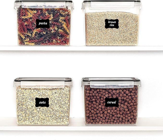 Vtopmart Food Storage Containers 3.3 quart / 3.6L, 4 Pieces BPA Free Plastic Airtight Canister for Flour, Sugar, Baking Supplies, with 4 Measuring Cups and 24 Labels,Black