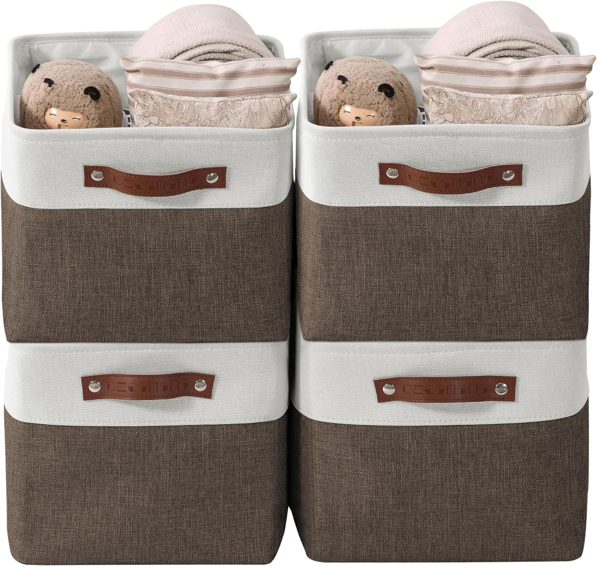 DECOMOMO Storage Baskets for Shelves - Fabric Storage Bins, Linen Closet Organizers and Storage (Brown & White, Large - 4 Pack)