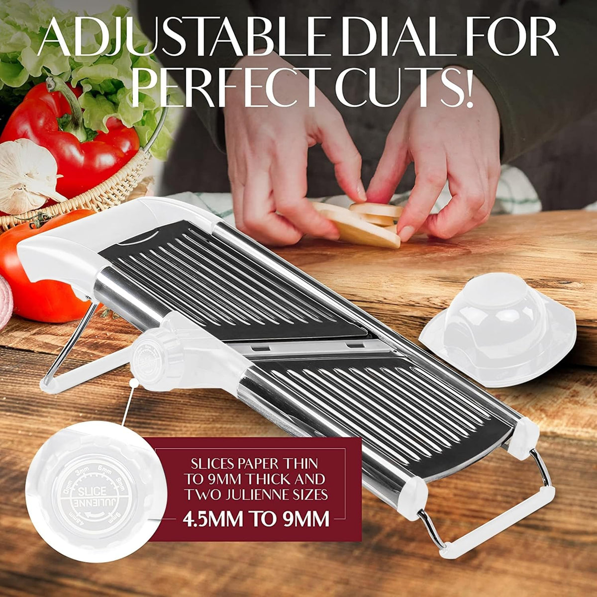 Gramercy Adjustable Mandoline Food Slicer, Mandoline Slicer for Kitchen, Mandolin, Potato, Tomato, Carrot, Vegetable, Fruit and Onion Cutter - Stainless Steel - INCLUDING 1 Pair Cut-Resistant Gloves