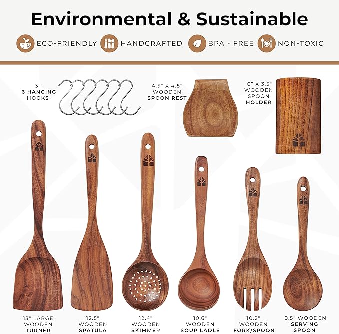 Wooden Utensil Set 8 Pcs – Sturdy & Easy to Clean, Natural Teak Wooden Spoons for Cooking – Non-Scratch Cooking Utensils with Spatula, Turner, Ladle, Spoons, Skimmer, Holder, Spoon Rest & 6 Hooks