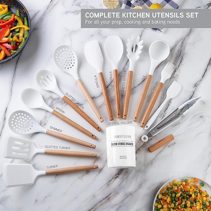 Country Kitchen Non Stick Silicone Utensil Set with Rounded Wood Handles for Cooking and Baking, 14 Piece Set, White