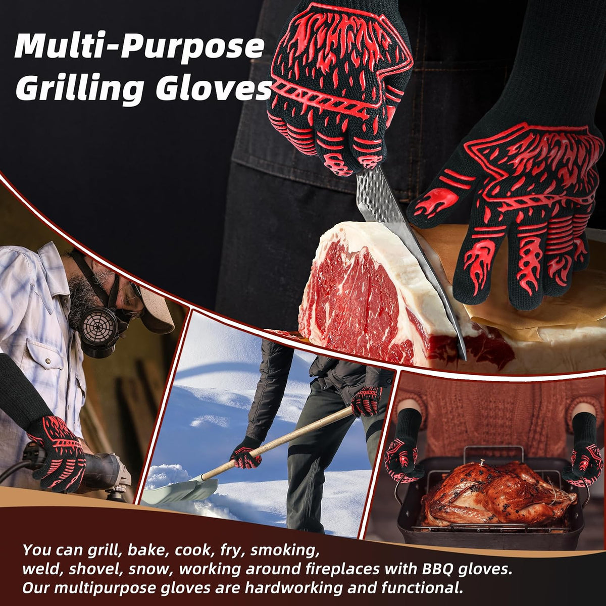 BBQ Gloves, 1472°F Heat-Resistant and Anti Slip Long Grilling Gloves, One Size Fits All, Gift Two Hooks, Excellent Hand and Wrist Protection in The Kitchen/Fireplace/Griddle/Smoker/Fire Pit