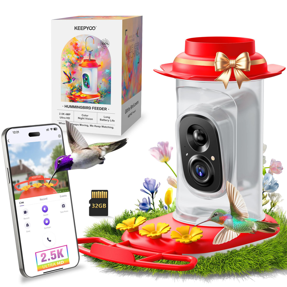 KEEPYOO 2.5K Hummingbird Feeder with Camera, Wireless Smart Bird Feeders for Outdoors, AI Bird Identify, Instant Notification, Include 32GB SD Card, Ant Moat & Bee-Proof, Gift for Birds Lovers (Red)