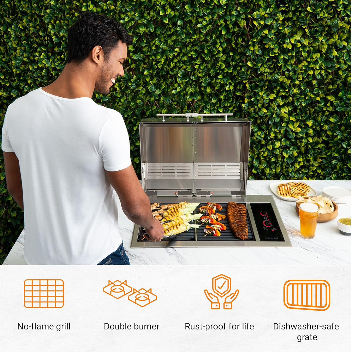 Kenyon Texan Built-In Electric Grill for Stone Counter, Standard Lite-Touch, Stainless Steel Grill with Split Lid for Indoor and Outdoor Use, 2 Burners, Quick Heat Up, Dishwasher Safe Grate, 240V