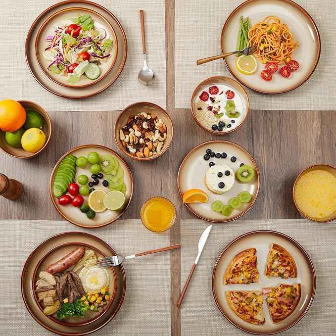 Stoneware Dinnerware Set Service for 4, 12 pcs Reactive Glaze Plates and Bowls Sets, Handmade Round Dishes Set, Highly Chip and Crack Resistant Modern Plate Set, Brown Yellow