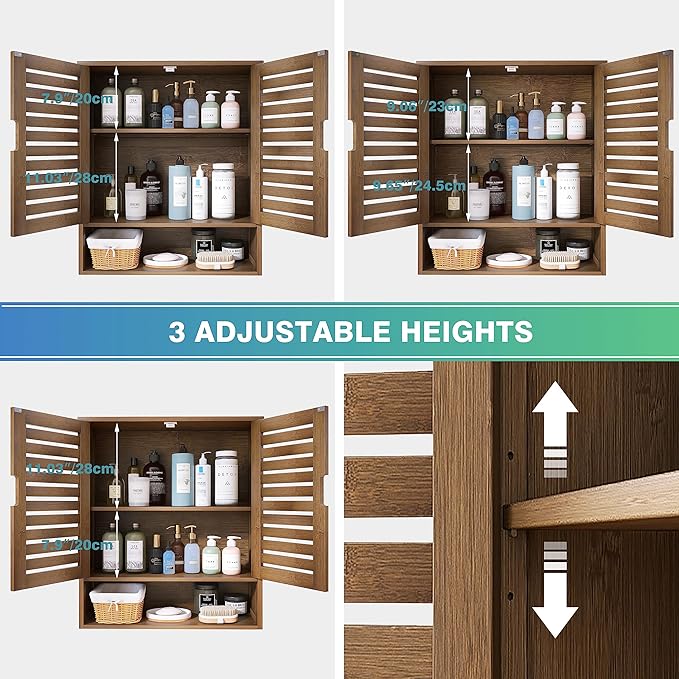SMIBUY Bathroom Cabinet Wall Mounted, Bamboo Over-The-Toilet Storage Organizer, Space Saver Medicine Cabinet with 2 Door and Adjustable Shelves (Walnut)