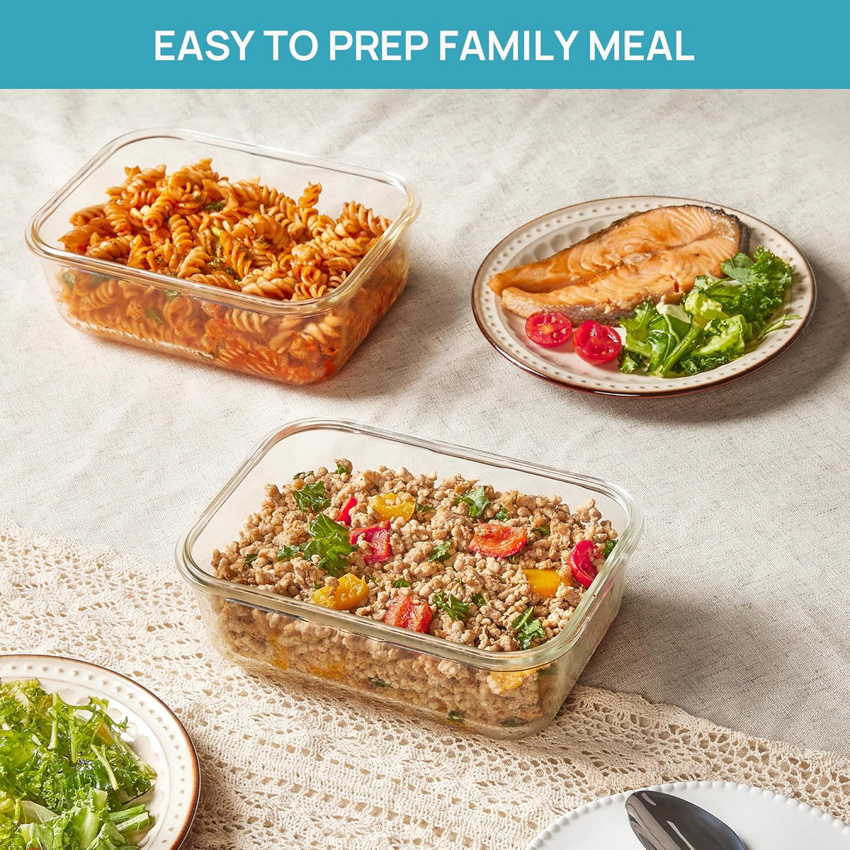 Vtopmart 2Pack 1860ml/ 63oz Large Glass Storage Containers with Lids, Meal Prep Food Container Set with Snap Airtight Lid for Baking, Microwave, Oven, Leak Proof, for Freezer, Dishwasher, Green