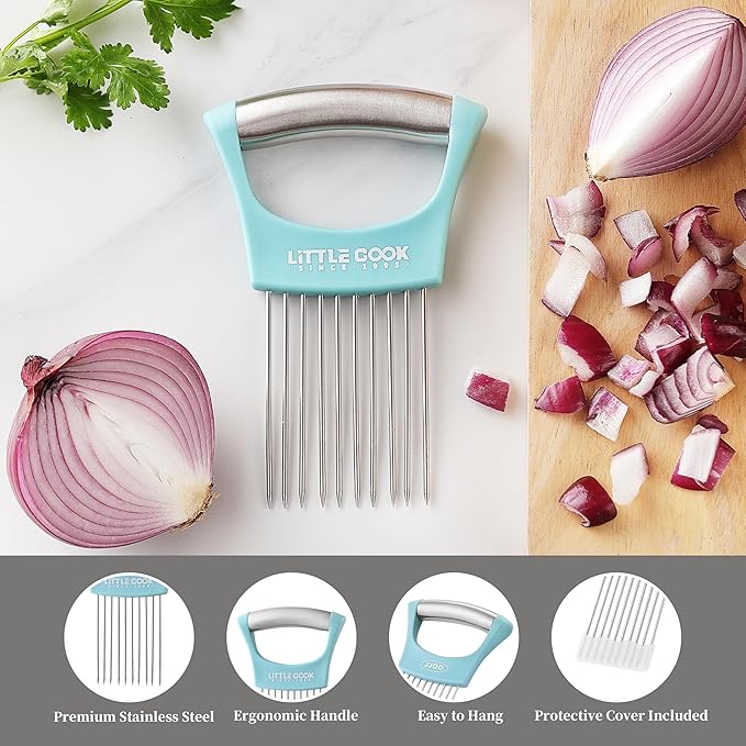 Onion Slicer Cutter, Little Cook Stainless Steel Onion Holder for Slicing and Storage of Onions, Avocados, tomato, Eggs, Dishwasher Safe, Protective Cover Included (Stylish Peapock blue)