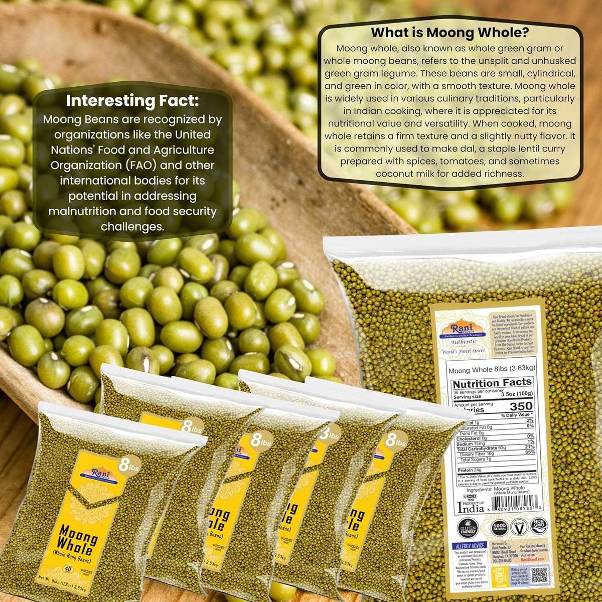 Rani Moong Whole (Ideal for Cooking & Sprouting, Whole Mung Beans w/Skin) Lentils Indian 128oz (8lbs) x Pack of 5 (Total 40lbs) Bulk ~ All Natural | Gluten Friendly | Non-GMO | Vegan | Indian Origin