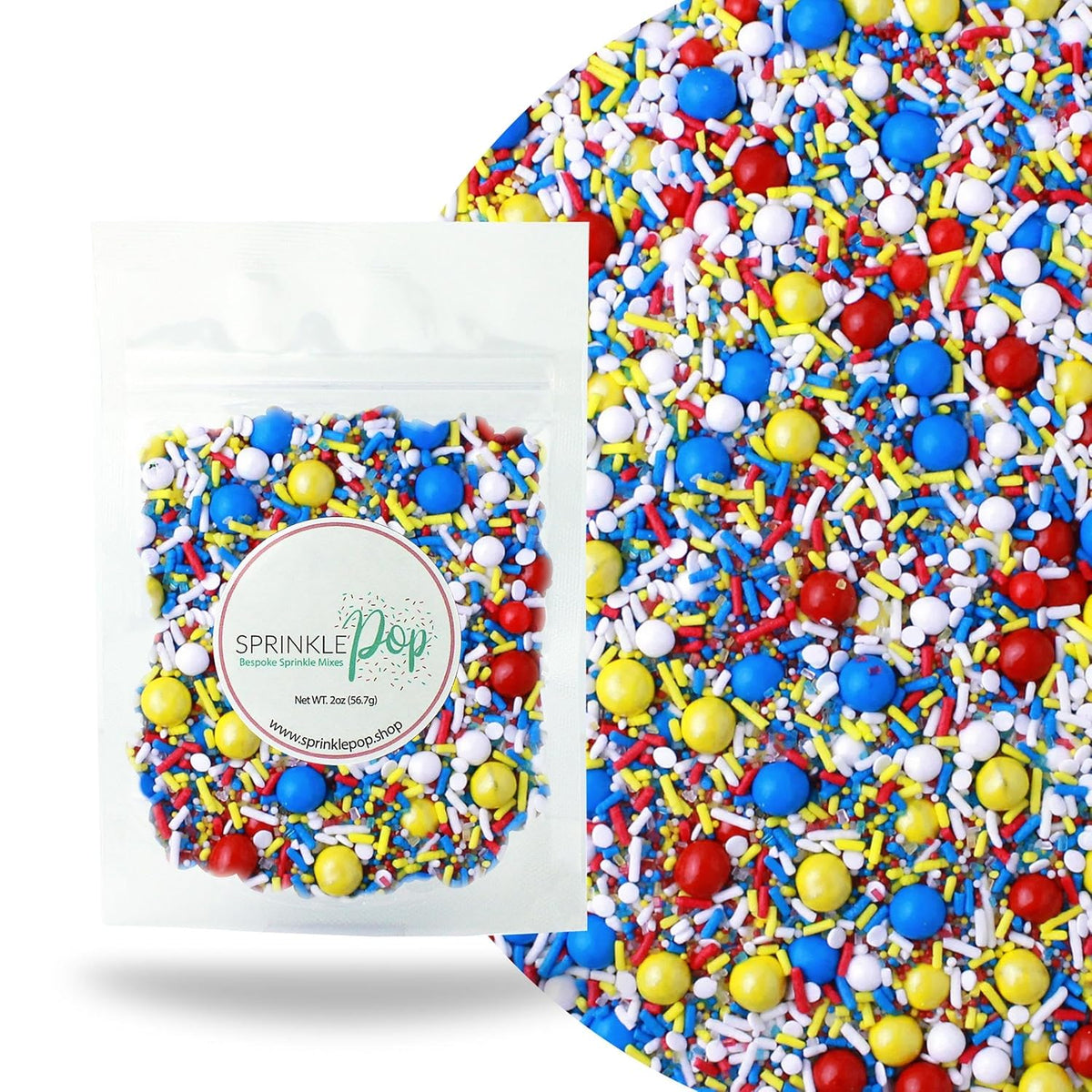 Sprinkle Pop Crash! Boom! Pow! Sprinkle Mix| Red Yellow Blue White Sprinkles| Superhero Cartoon Comic Book Themed Birthday Sprinkles Made in USA for Decorating Cupcakes Cakes Cookies Ice Cream, 2oz