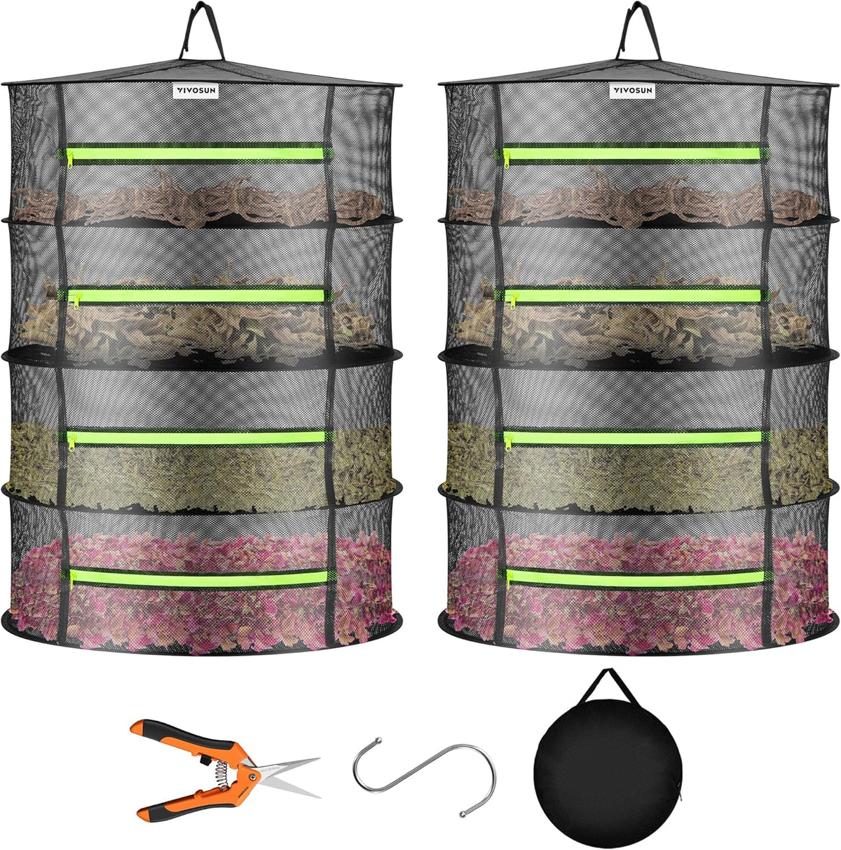 VIVOSUN 2-Pack 4-Layer Mesh Drying Rack Hanging Design with Green Zippers for Dehydrating, Indoor and Outdoor (Pruning Shears Included)