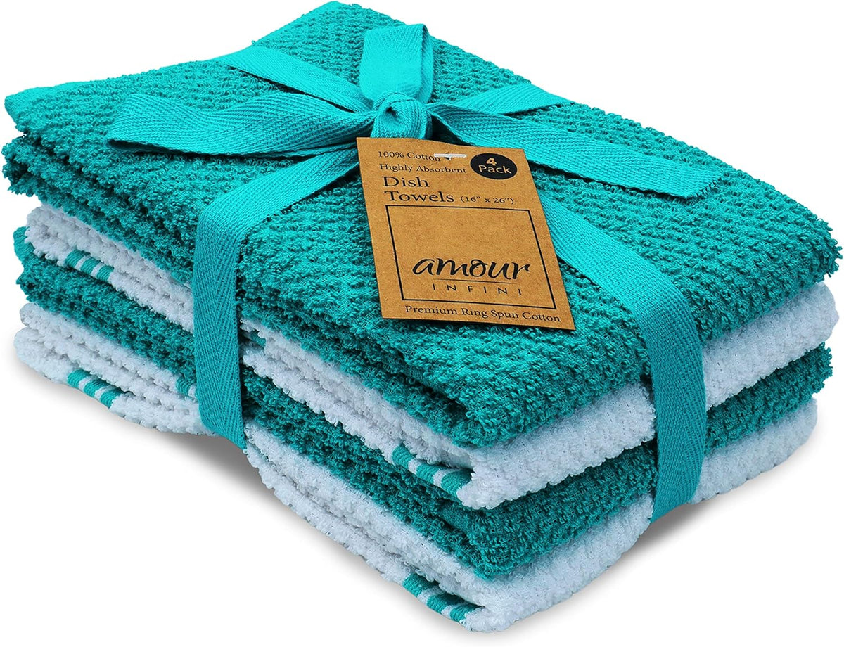 AMOUR INFINI Kitchen Towels Pack of 4 - Absorbent, Quick Drying Premium Cotton Tea Towel - Kitchen Linens 16x28 Inch Dish Towels with Hanging Loop (Turquoise)