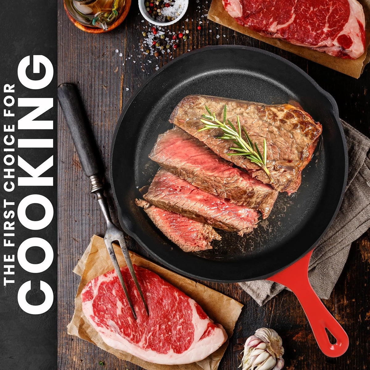 Utopia Kitchen Cast iron Skillets 3 Piece Set,Chefs Pan, Pre Seasoned Cast iron Skillets, 6, 8 & 10 Inches, Easy Use in the Oven, Stove, Grill, or Campfire, Red