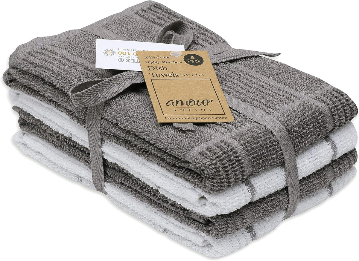 AMOUR INFINI Kitchen Towels Pack of 4 Absorbent, Quick Drying Premium Terry Cotton Dish Towel with Hanging Loop 16x28 Inch Hand & Tea Towels (L.Grey)
