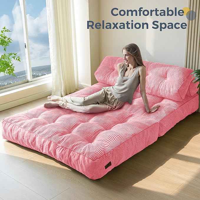 MAXYOYO Folding Sofa Bed, Convertible Sleeper Chair with Pillow Foldable Matress with Back Support, Portable Fold Out Chair Bed Comfy Floor Sofa Lounge for Living Room Bedroom, Pink Double