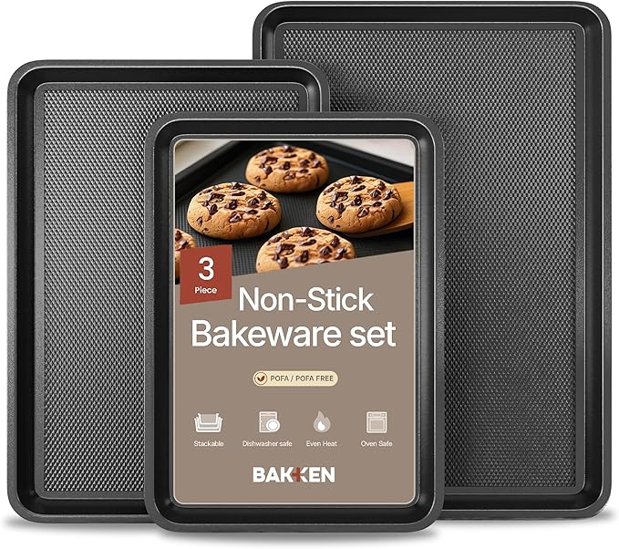 BAKKEN Kitchen Baking Pans - Small, Medium, and Large Cookie Pan (13.58×9.65, 15.75×11, 17.91×12.60), Nonstick, Diamond Texture Bottom, PFOA, PFOS, PTFE Free, Oven Safe Tray (450°F), Pack of 3, Gray