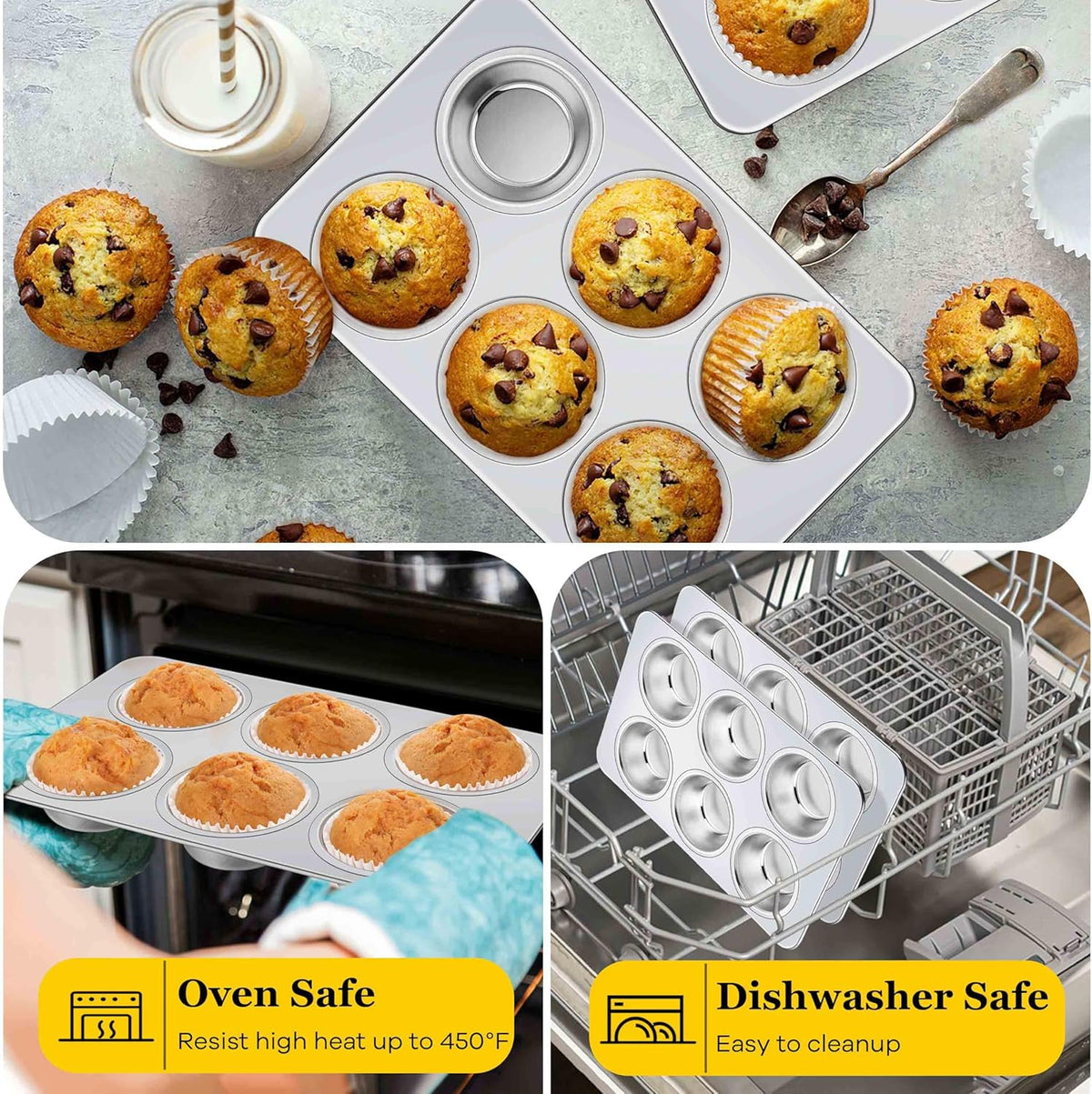 Homikit 2 Pack Muffin Pan, Stainless Steel Cupcake Baking Tin with 6 Cups Regular Size, 11.4 x 7 Inches Metal Egg Bites Tray for Toaster Oven, Rust Free & Non Toxic, Easy Release & Dishwasher Safe
