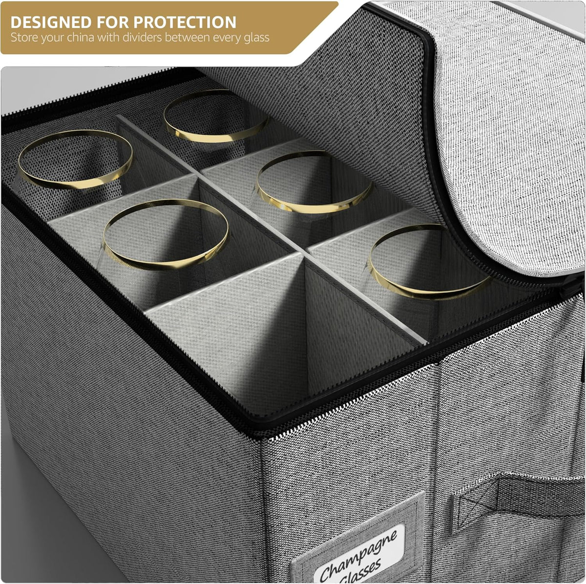 Sorbus China Storage Containers – Dinnerware Organizer for Champagne Flute Glasses with Lid (Holds Service for 12) with Felt Protectors – 13" x 10" x 10.6"