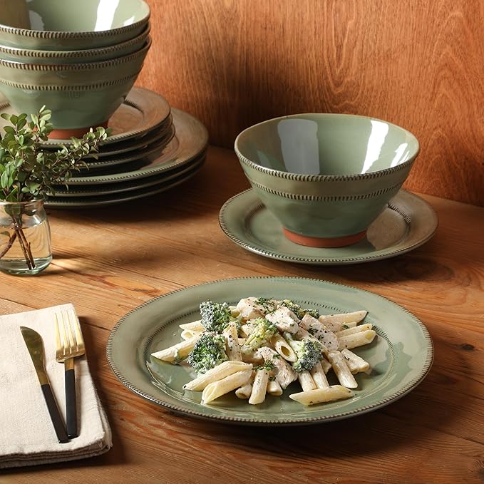 Gibson Elite Terranea 12 Piece Dishes Reactive Glaze Plates and Bowls Terracotta Dinnerware Set - Service for 4 - Green