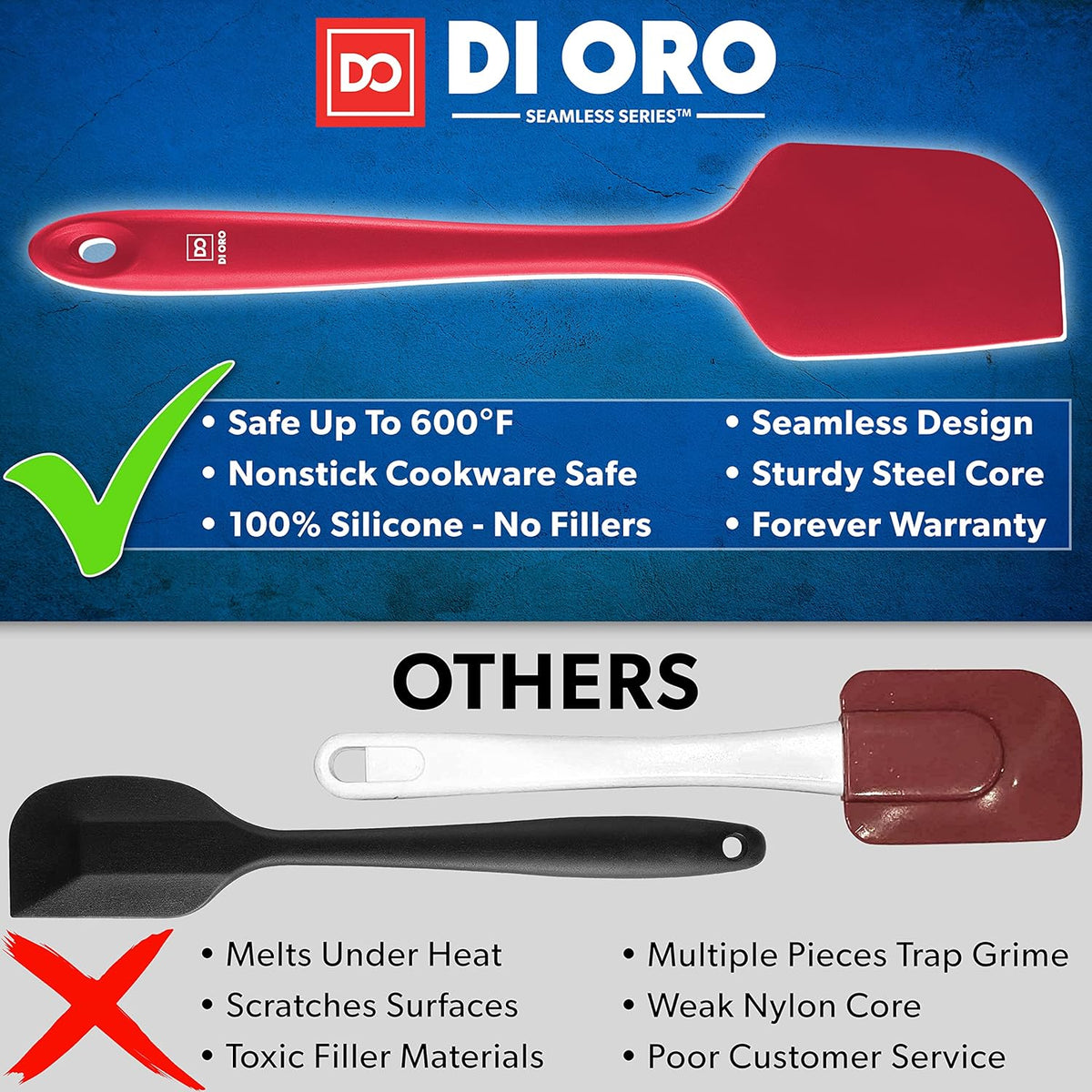 di Oro Living Silicone Spatula Set - 3-piece 600F Heat-Resistant Baking Spoon & Spatulas - Ergonomic Easy-to-Clean Seamless One-Piece Design - Pro Grade Non-stick Rubber with Stainless Steel S-Core Technology! (Red)