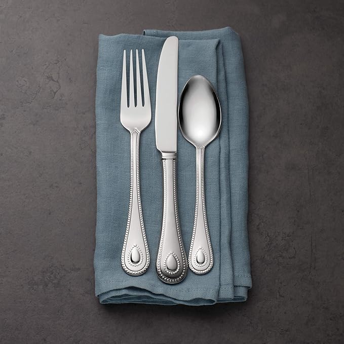 Lenox Silverware Set For 12, French Perle 65-Piece Flatware Set with Serving Utensils, Service For 12, Elegant 18/10 Stainless Steel Utensils with Beading, Knives Spoons & Forks (Silver, 65 Piece)