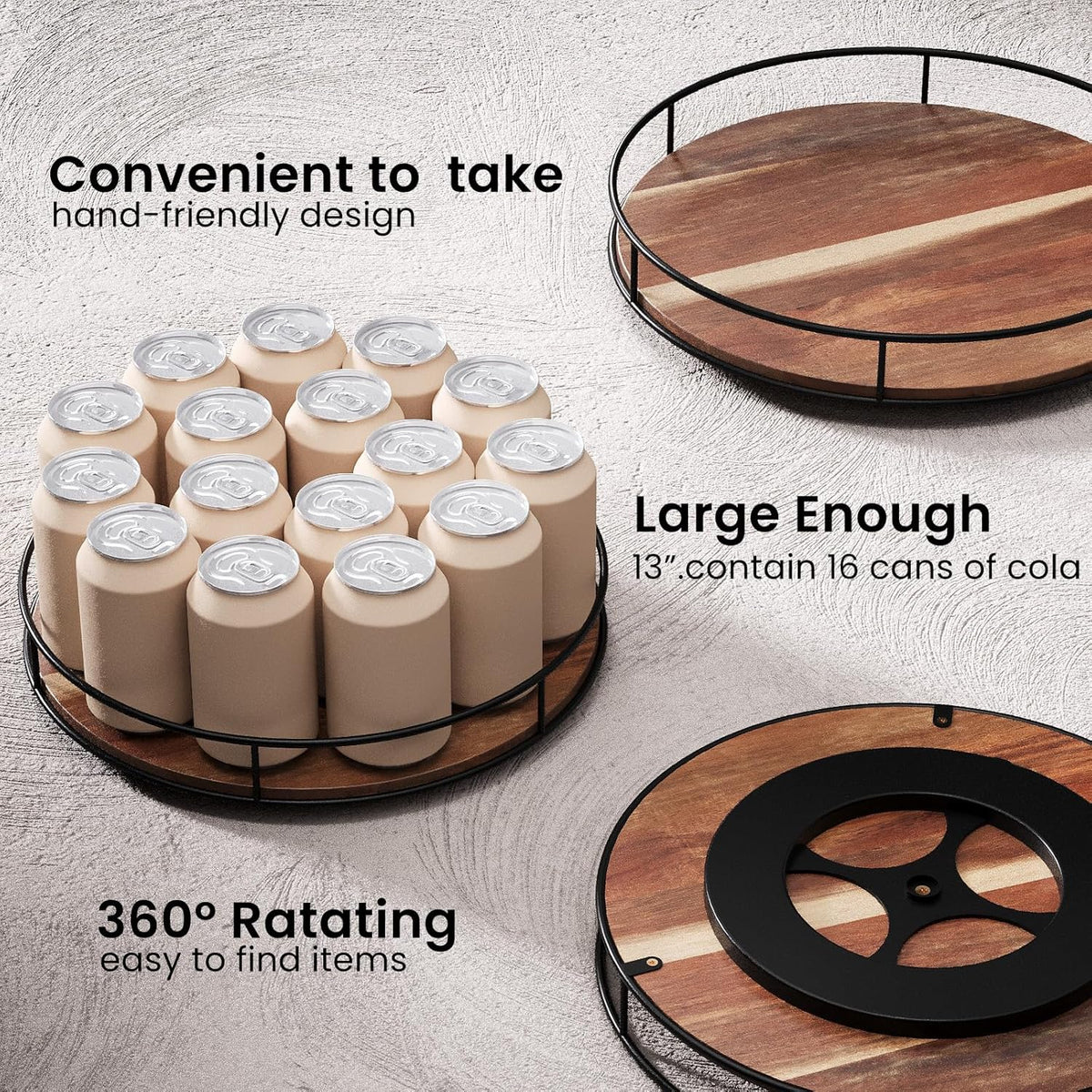 13 Inch Lazy Susan Organizer with Steel Frame for Kitchen,Acacia Wood Turntable for Cabinet,Pantry,Table,Pantry,Countertop,Refrigerator,Spice Rack