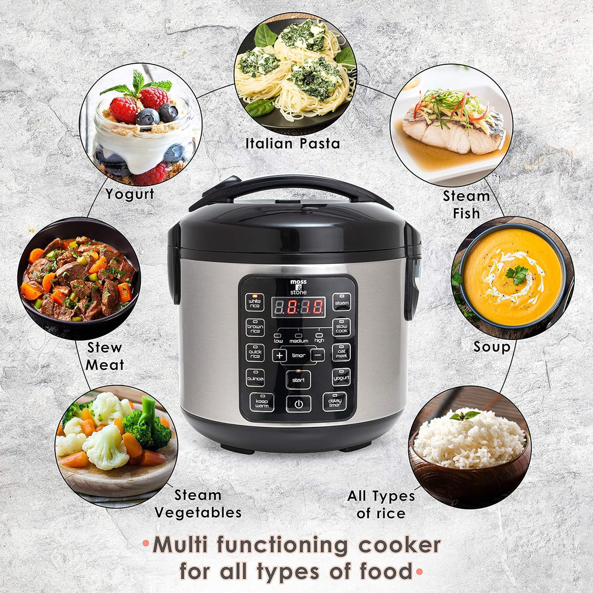 Moss & Stone - Small Digital Electric Rice Cooker, 4-8 Cups, 10 Preset Settings, Brown and White Rice Steamer, Slow Cooker with Steamer for Vegetables, Pot