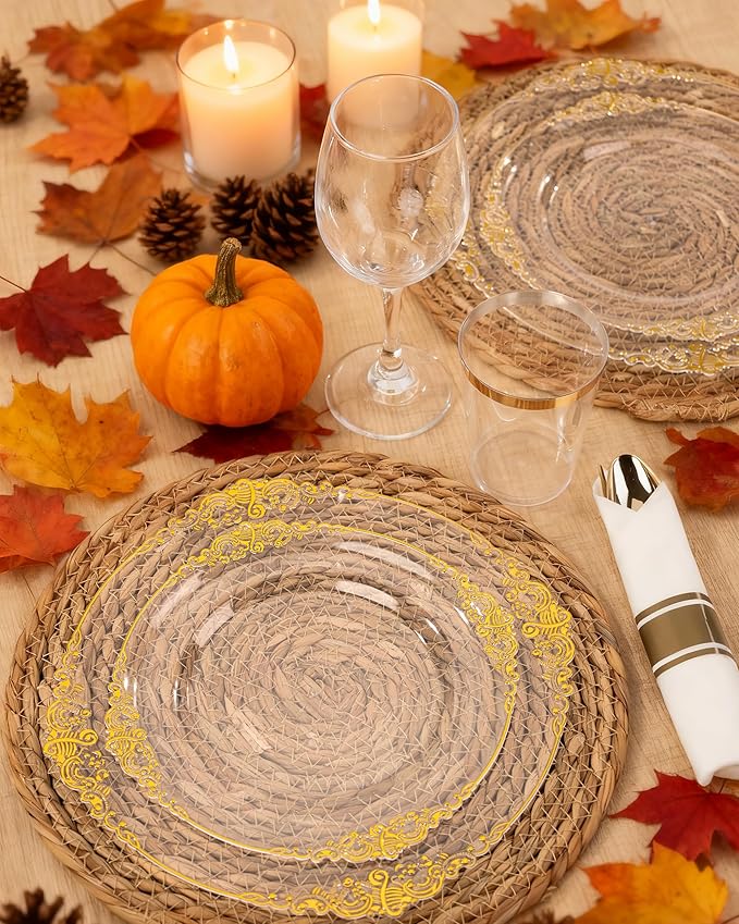 Nervure 350PCS Clear Gold Plastic Plates - Gold Plastic Dinnerware Sets for 50 Guests - 100 Disposable Plates, 150 Silverware, 50 Cups, 50 Napkins for Wedding & Party & Thanksgiving