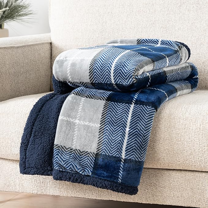 Pavilia Blue Navy Plaid Sherpa Throw Blanket for Couch, Plush Flannel Fleece, Soft Fuzzy Cabin for Sofa Bed, Warm Cozy Winter Gift, 50x60