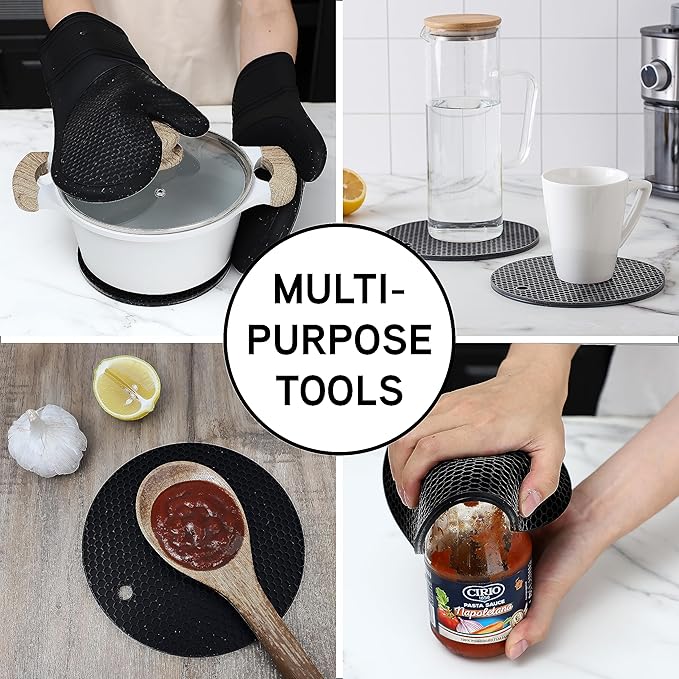 COOK WITH COLOR Silicone Oven Mitts- Heat Resistant Gloves with Soft Quilted Lining Oven Mitt Pot Holders for Cooking and BBQ, Black, Mitt Set