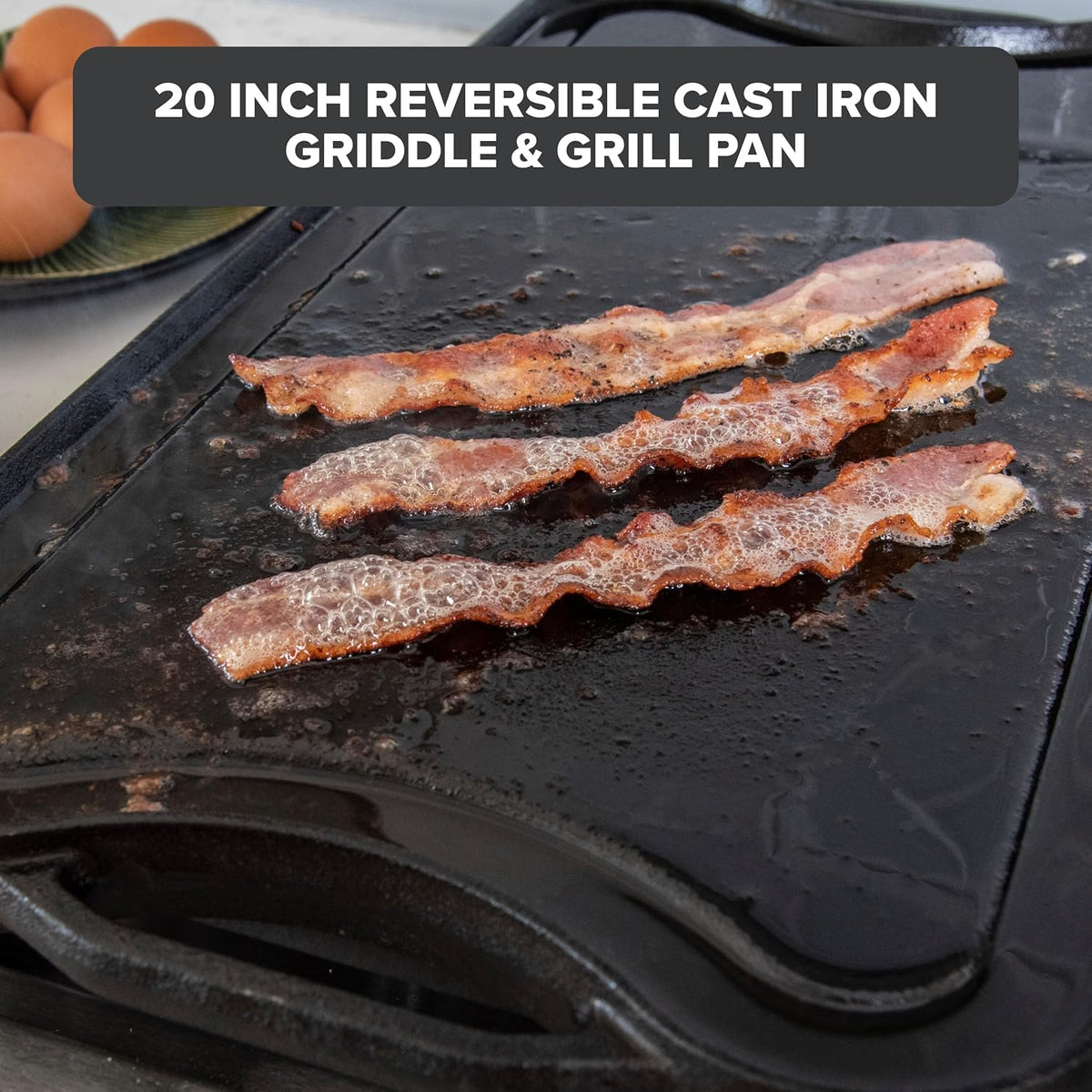 Viking Griddle, 20 Inch Reversible Cast Iron Grill Pan, Pre-Seasoned, Oven Safe, Hand Wash Only, Black
