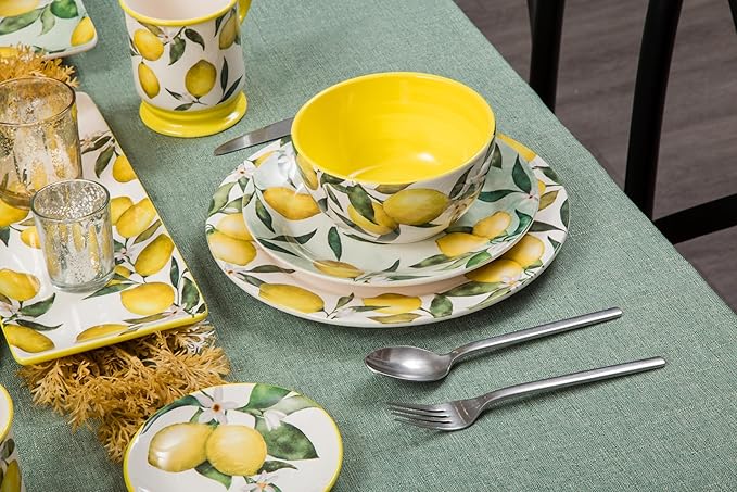 Bico Lemon Dreams Dinner Plates Set of 4, 11 Inch Large Ceramic Plates for Pasta, Steak, Stylish Serving Dishes, Microwave and Dishwasher Safe, Gift for Housewarming and Thanksgiving