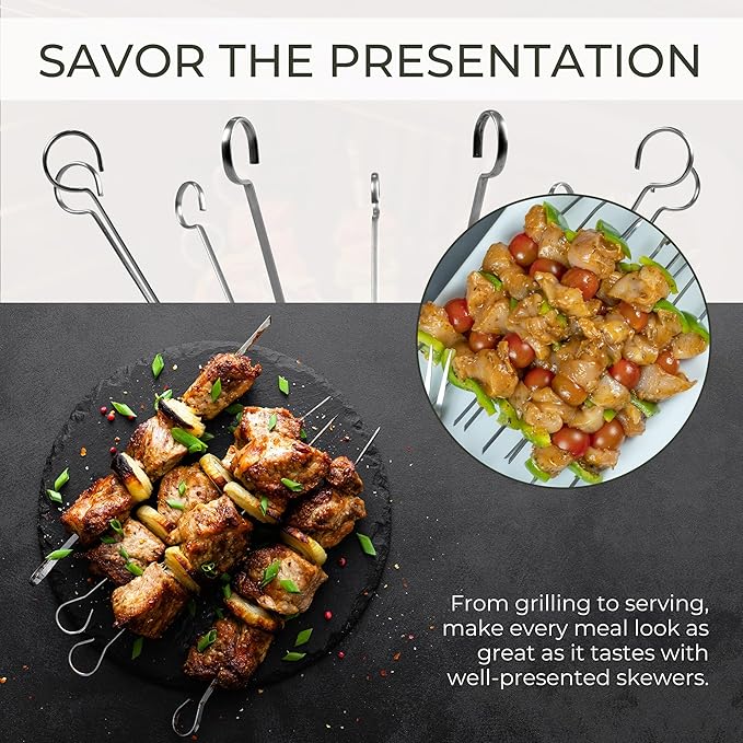 O-Yaki Flat Metal Kabob Skewer for Grilling – Set of 8 BBQ Skewers Stainless Steel with Storage Bag, Dishwasher Safe Skewers with Hook Handle & Sharp Tip for BBQ, Cookouts & Oven Use – 12 Inch