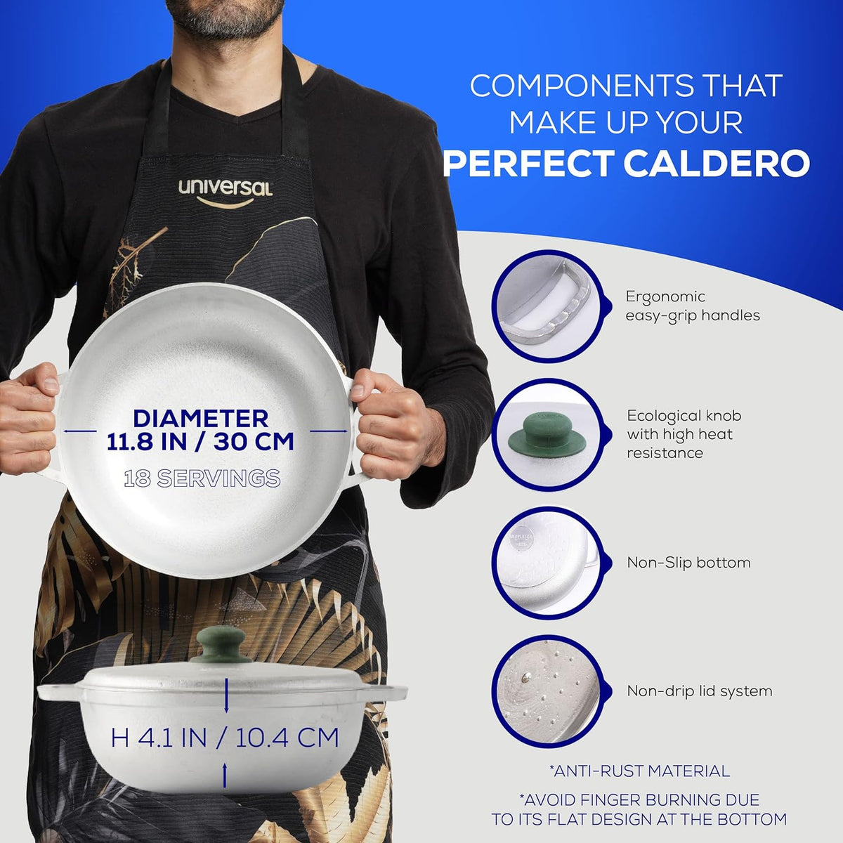 Universal (Medium Size) Caldero 18 Cups - 6.3 QT / 6 L, Stainless Aluminum Pot, Even Heat Distribution and Fast Cooking Dutch Oven Pot, Ergonomic Handles, Ideal for Rice, French Fries, and More