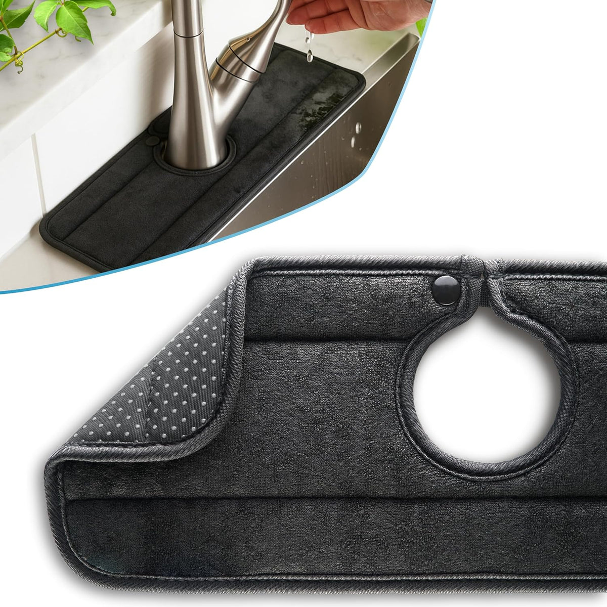 The Original Ternal Sinkmat Drip Catcher & Splash Guard, Faucet Mat for Sinks – Absorbent Microfiber, Machine Washable Counter Protector & Drying Mat for Kitchen, Bathroom or RV [Black, 15in, 1 Pack]